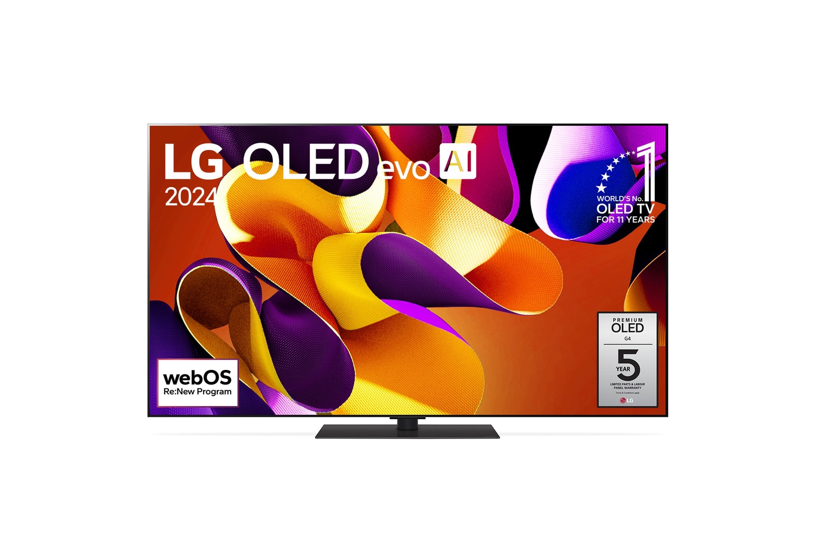 Vue de face du téléviseur LG OLED evo AI G4 avec l’emblème OLED numéro 1 mondial depuis 11 ans, le logo du programme webOS Re:New sur l’écran ainsi que la barre de son au bas de l’écran