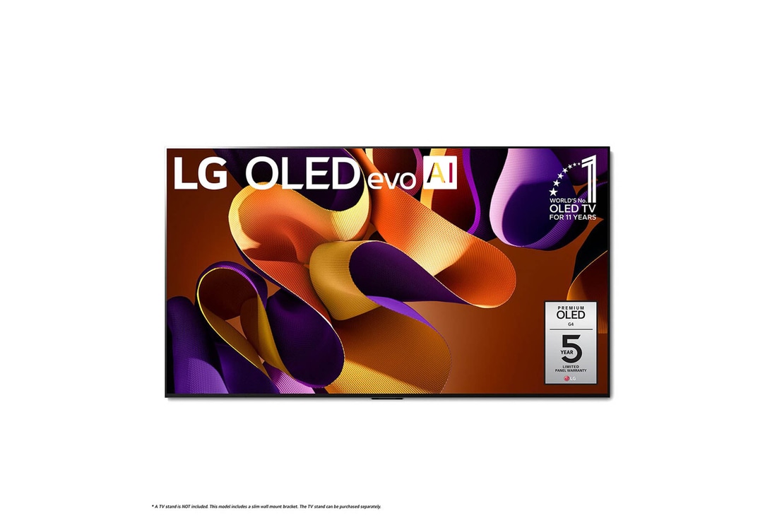 Vue de face du téléviseur LG OLED evo AI G4 avec l’emblème OLED numéro 1 mondial depuis 11 ans, le logo du programme webOS Re:New et la mention « 5 ans de garantie » sur le panneau de l’écran