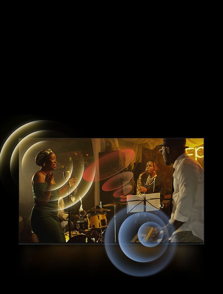 Un téléviseur de LG montre des musiciens en train de jouer et des cercles lumineux dans l’espace.