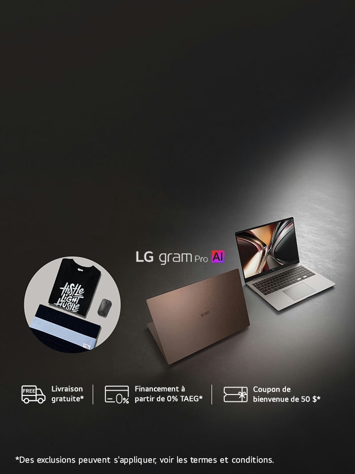 LG gram : Léger, élégant, puissant – idéal pour les pros IA. Kit de bienvenue gratuit (souris, t-shirt et housse).