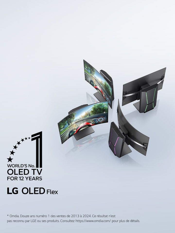 Vue de dessus légèrement inclinée de quatre téléviseurs LG OLED Flex, positionnés pour montrer l’écran incurvé unique des téléviseurs. Les téléviseurs dont l’écran est visible affichent un jeu vidéo de course. L’emblème du premier OLED TV au monde depuis 12 ans se trouve dans le coin. Le logo du produit LG OLED Flex est visible.
