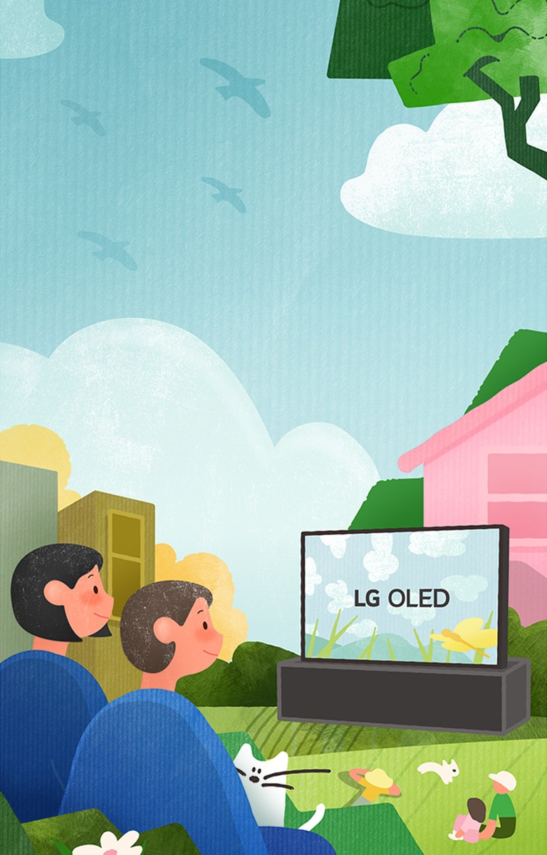 Illustration de personnes regardant des écrans OLED de LG dans un espace vert naturel et florissant avec des fleurs, des oiseaux et une vue sur l'océan. 