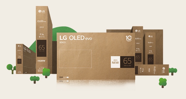 Une image de ville pleine de nature créée à l’aide de l’emballage respectueux de l’environnement de l’OLED de LG.