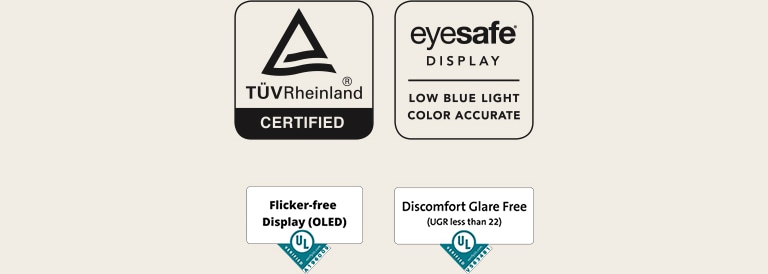 Logo TUV Rheinland Eyesafe Display, logo Flicker-free Display, logo Discomfort GlareFree