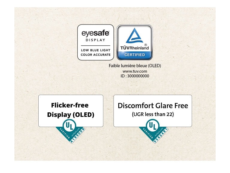 Un logo d’Eyesafeᴹᴰ et la certification TÜV Rheinland sur la faible lumière bleue. Un logo de certification des Underwriter Laboratories sur l’affichage sans scintillement. Un logo de certification des Underwriter Laboratories sur l’absence d’éblouissement inconfortable.