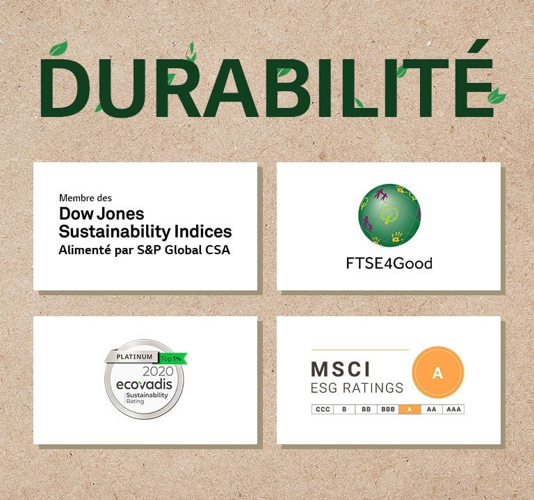 Un logo de Dow Jones Sustainability Indices. Un logo de FTSE4Good. Un logo d’Ecovadis Sustainability Rating. Un logo de MSCI ESG Ratings.