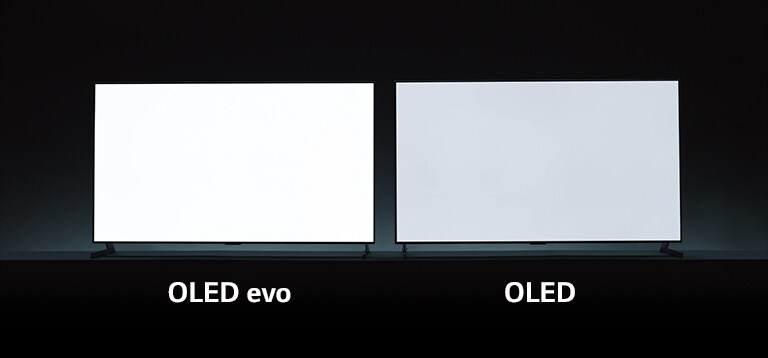 Un comparatif de luminosité de téléviseur entre l’OLED evo et l’OLED. Un téléviseur avec OLED evo affichant une image blanche est plus lumineux qu'un téléviseur OLED.