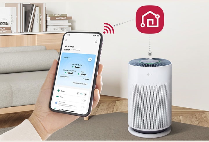 A person controls the product remotely by LG ThinQ®