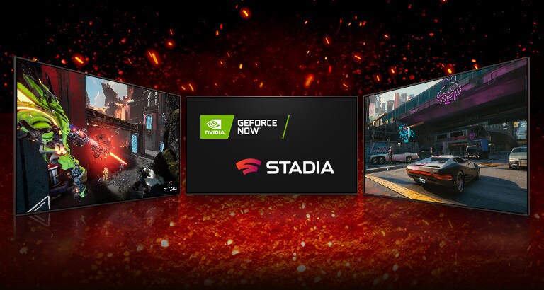 Il y a trois téléviseurs – celui du milieu fait face à l’avant avec les logos NVIDIA GEFORCE NOW et Stadia affichés sur son écran. Le téléviseur de gauche montre une séquence du jeu Splitgate sur son écran et le téléviseur de droite montre une séquence de Cyberpunk 2077 sur le sien.