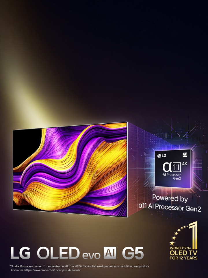 L’écran d’un téléviseur LG OLED evo AI affiche une image abstraite dont les détails, les couleurs et le contraste sont impressionnants. Une version agrandie de l’alpha 11 AI Processor Gen2 se trouve derrière le téléviseur. L’éclairage de l’appareil illumine les circuits de la micropuce qui l’entoure. Le titre indique LG OLED evo AI. Le texte est également visible, alimenté par le processeur LG alpha 11 AI Gen2. Un logo doré orné d’étoiles se trouve dans le coin et indique : « Numéro un mondial des téléviseurs OLED depuis 12 ans ».
