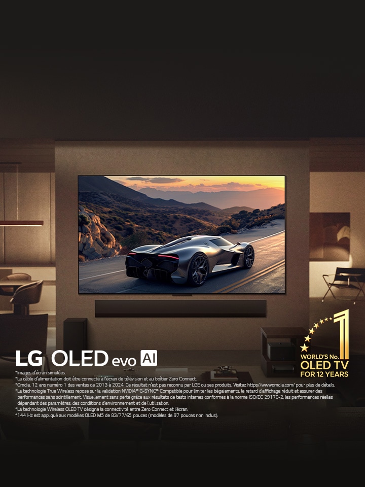 Salon élégant avec le téléviseur LG OLED evo M5 fixé au mur. LG Soundbar en dessous. La Zero Connect Box est cachée sous une table d’appoint. Aucun fil n’est visible, ce qui témoigne de la technologie True Wireless du téléviseur. L’emblème du numéro 1 des OLED TV au monde depuis 12 ans et le logo LG OLED evo AI sont visibles.