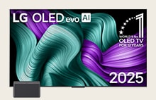 Le LG Wireless OLED TV présente un graphisme coloré et détaillé avec le titre LG OLED evo AI 2025 et l’emblème du numéro 1 mondial des OLED TV depuis 12 ans sur l’écran. La boîte de connexion zéro se trouve à l’avant, en bas.
