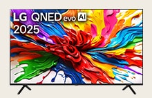 LG QNED evo TV avec un graphisme agréable et le titre LG QNED evo AI 2025 sur son écran.