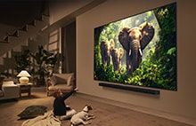Une fille et un chien sont assis devant un LG QNED TV accroché au mur et représentant trois éléphants marchant vers l’extérieur, au-dessus d’une barre de son de LG.