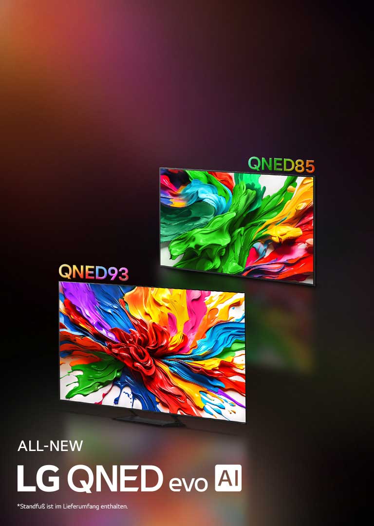 LG TVs mit farbenfrohen Kunstwerken, die die lebendige, leuchtende Farbwiedergabe-Technologie der LG QNED-Technologie hervorheben. Auch das Logo ALL NEW LG QNED evo AI ist zu sehen.