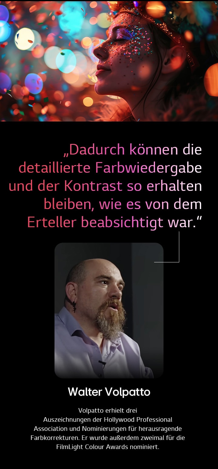 Menschliches Motiv vor farbenfrohem Hintergrund mit Bokeh. Ein Zitat von Walter Valpatto, einem bekannten Filmemacher, wird hervorgehoben, in dem er über AI Director Processing spricht. Dadurch können detaillierte Farbwiedergabe und Kontrast so erhalten bleiben, wie es der Schöpfer beabsichtigt hat.
