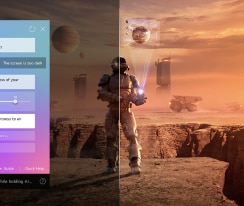 Auf einem LG QNED TV-Bildschirm werden Science-Fiction-Inhalte abgespielt. Auf dem Bildschirm befindet sich die Benutzeroberfläche des AI Chatbots. Der Benutzer hat dem Chatbot mitgeteilt, dass der Bildschirm zu dunkel ist. Der Chatbot bot Lösungen für die Anfrage an. Die gesamte Szene ist in zwei Hälften geteilt. Die eine Seite ist dunkler, die andere Seite heller und zeigt, wie der AI Chatbot das Problem für den Nutzer automatisch gelöst hat.