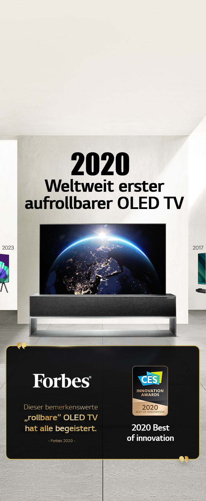 LG TV. Der Titel lautet „2020 Weltweit erster aufrollbarer OLED TV“. Auszeichnungen daneben. Forbes, dieser bemerkenswerte rollbare OLED TV hat alle begeistert. 2020 Auszeichnung „Best of Innovation“ von CES Innovation Awards.