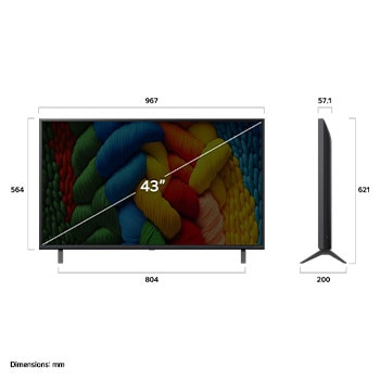 Frontansicht und Seitenansicht des LG NanoCell NANO80 AI 4K Smart TV mit den Abmessungen Länge, Breite, Höhe und Tiefe.