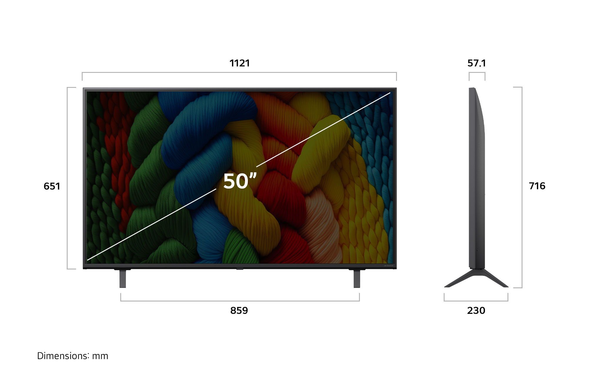 Frontansicht und Seitenansicht des LG NanoCell NANO80 AI 4K Smart TV mit den Abmessungen Länge, Breite, Höhe und Tiefe.
