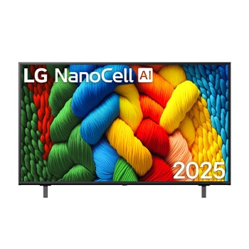 Vorderansicht des NanoCell TV, LG NanoCell Al-Logo in der oberen Ecke. LG NanoCell NANO80 TV zeigt farbenfrohe, malerische Texturen, die zusammenkommen.