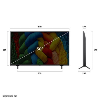 Frontansicht und Seitenansicht des LG NanoCell NANO80 AI 4K Smart TV mit den Abmessungen Länge, Breite, Höhe und Tiefe.