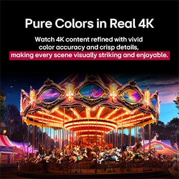 Ein Bild, das in der Mitte geteilt wurde, um ein Vorher und Nachher von reinen Farben in echtem 4K zu zeigen. Die linke Seite des Karussells ist scharf und farbenfroh, während die rechte Seite verblasst ist. In der Überschrift geht es darum, wie jede Szene visuell eindrucksvoller und unterhaltsamer gestaltet wird.