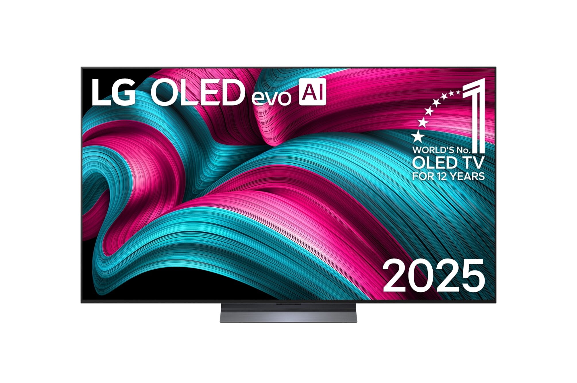 Frontansicht des LG OLED evo AI C5 4K Smart TV. Ein "12 Years of world number 1 OLED"-Emblem und das "LG OLED AI 2025"-Logo sind auf dem Bildschirm zu sehen.