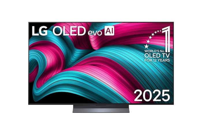 Frontansicht des LG OLED evo AI C5 4K Smart TV. Ein "12 Years of world number 1 OLED"-Emblem und das "LG OLED AI 2025"-Logo sind auf dem Bildschirm zu sehen.