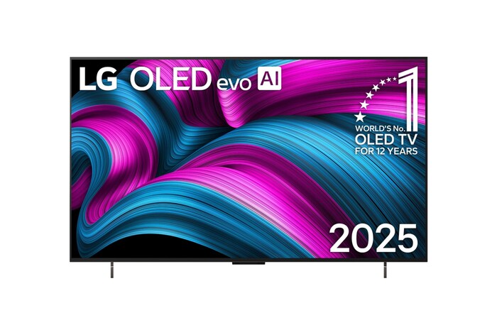 Vorderansicht des LG OLED evo AI C5 4K Smart TV. Emblem für 12 Jahre lang die Nummer 1 der Welt bei OLED und LG OLED evo AI 2025-Logo sind auf dem Bildschirm zu sehen.