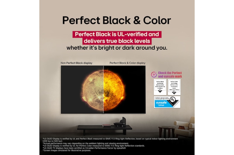 LG OLED TV zeigt einen visuellen Vergleich zwischen einem Display mit Perfekter Farbe und Perfektem Schwarz und einem ohne. UL-, TÜV- und Eyesafe-Zertifizierungen sind mit einer Textaufforderung zur Überprüfung der Markierungen sichtbar.