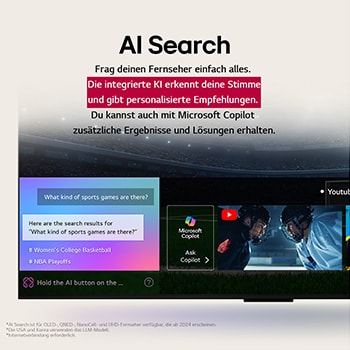 Nahaufnahme eines LG OLED TV-Bildschirms, der zeigt, wie AI Search funktioniert. Ein kleines Chat-Fenster ist geöffnet und zeigt, wie der Benutzer nachfragt, welche Sportspiele verfügbar sind. AI Search antwortete per Chat und zeigte Vorschaubilder verfügbarer Inhalte an. Es wird auch eine Aufforderung mit einer Frage an Microsoft Copilot angezeigt.