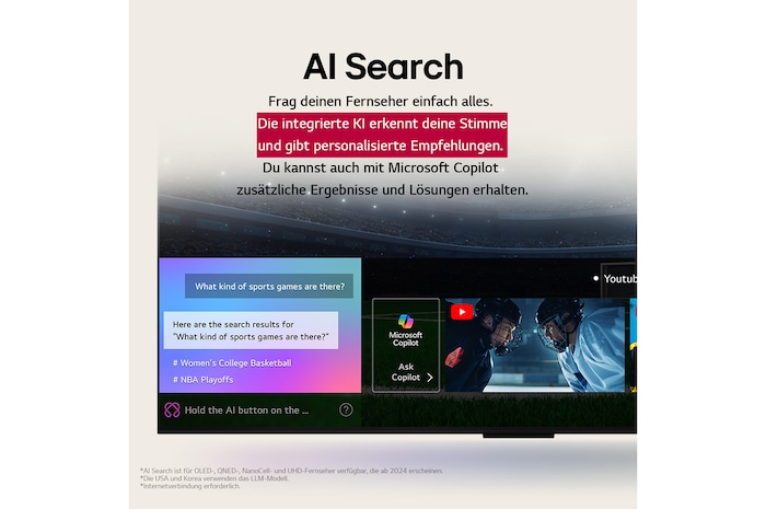 Nahaufnahme eines LG OLED TV-Bildschirms, der zeigt, wie AI Search funktioniert. Ein kleines Chat-Fenster ist geöffnet und zeigt, wie der Benutzer nachfragt, welche Sportspiele verfügbar sind. AI Search antwortete per Chat und zeigte Vorschaubilder verfügbarer Inhalte an. Es wird auch eine Aufforderung mit einer Frage an Microsoft Copilot angezeigt.