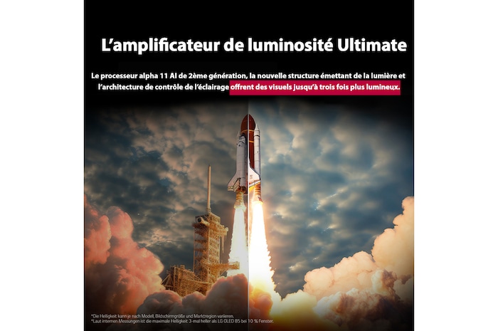 Ein Space Shuttle startet vom Boden. Die Szene ist in der Mitte geteilt, wobei eine Hälfte etwas dunkler und matter ist. Die andere Hälfte zeigt, wie hell die Raketenexplosion ist, und demonstriert, wie hell Bilder auf einem LG OLED TV-Bildschirm mit der lichtemittierenden Struktur und der Beleuchtungssteuerungsarchitektur von Brightness Booster Ultimate sein können.