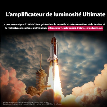 Ein Space Shuttle startet vom Boden. Die Szene ist in der Mitte geteilt, wobei eine Hälfte etwas dunkler und matter ist. Die andere Hälfte zeigt, wie hell die Raketenexplosion ist, und demonstriert, wie hell Bilder auf einem LG OLED TV-Bildschirm mit der lichtemittierenden Struktur und der Beleuchtungssteuerungsarchitektur von Brightness Booster Ultimate sein können.
