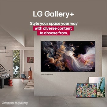 Innenansicht eines eleganten Hauses. Viele verschiedene Kunstwerke werden angezeigt. An der Mittelwand befindet sich ein LG TV mit Kunstwerken auf dem Bildschirm. Der Fernseher sieht aus wie ein Gemälde aus einem Museum.