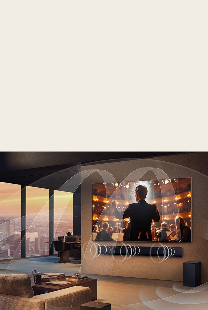 Wohnzimmer mit einem LG OLED TV und einer LG Soundbar mit Grafiken, die zeigen, wie beide Geräte den Raum mit Multi-Surround-Klang füllen.