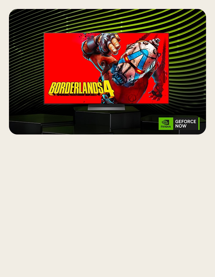 LG TV mit einem Poster eines beliebten Games auf seinem Bildschirm. Das NVIDIA GeForce NOW-Logo ist sichtbar.