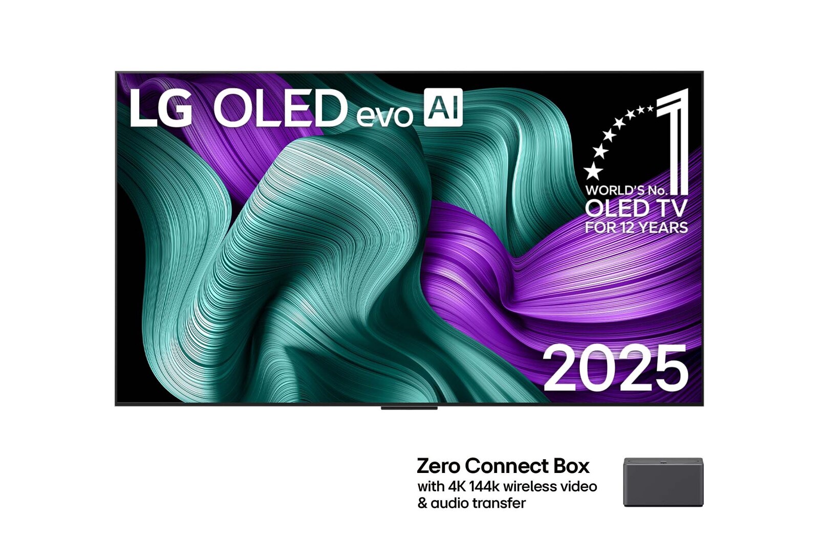 Vorderseite von True Wireless TV 77 Zoll LG OLED evo AI M5 mit kabelloser Video- und Audioübertragung in 4K 144 Hz OLED77M59LA