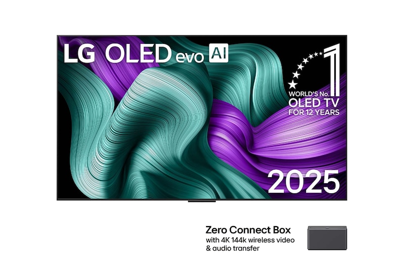 Vorderseite von True Wireless TV 77 Zoll LG OLED evo AI M5 mit kabelloser Video- und Audioübertragung in 4K 144 Hz OLED77M59LA