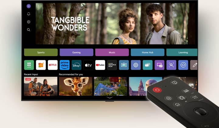 Die LG AI Magic Remote-Fernbedienung im Einsatz. Das ganze Szenario zeigt, wie einfach und bequem die AI Magic Remote ist. Die LG webOS-Startseite ist sichtbar, wenn ein Cursor erscheint und auf ein bestimmtes Vorschaubild geklickt wird. Es füllt den Bildschirm aus. Der AI Button auf der Fernbedienung wird dann hervorgehoben.