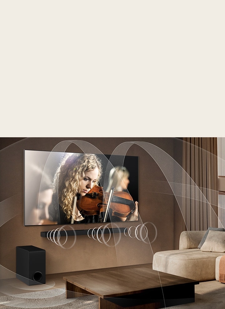 Wohnzimmer mit einem LG OLED-Fernseher und einer LG Soundbar mit Grafiken, die zeigen, wie beide Geräte den Raum mit Multi-Surround-Sound füllen.