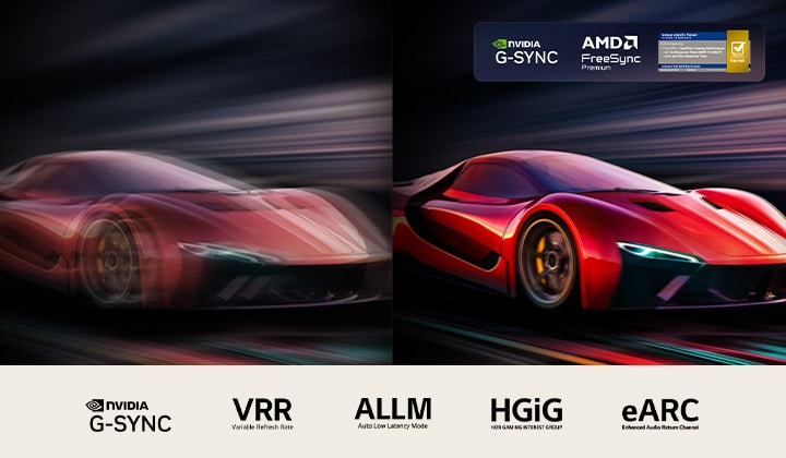 Zwei Bilder eines Autos in einem Video-Game nebeneinander. Auf einem ist viel Bewegungsunschärfe zu sehen. Das andere Bild ist scharf und zeigt die hohe Bildrate des LG OLED TV. Das Nvidia G-Sync-Logo, AMD FreeSync Premium, das Intertek-Siegel für eine Reaktionszeit von 0,1ms und andere relevante Zertifizierungen sind sichtbar.