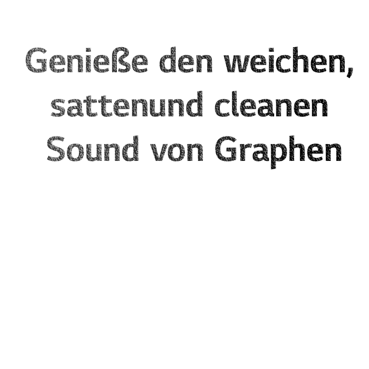 Das Bild zeigt ein Sechseckmuster auf schwarzem Hintergrund. Wenn du auf der Seite nach unten scrollen, erscheint ein Text mit der Aufschrift: „Genießen den weichen, satten und cleanen Klang von Graphen“.