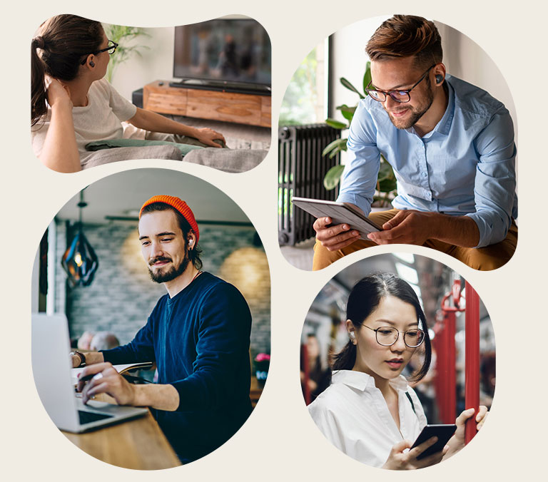 A collage of people using T90S earbuds in their daily lives. Left from top to bottom, a woman is watching a TV with T90S and a man is using his laptop with T90S. Right top to bottom, a man is wearing T90S while using his tablet PC, and the woman is watching a video from her smartphone on the subway.