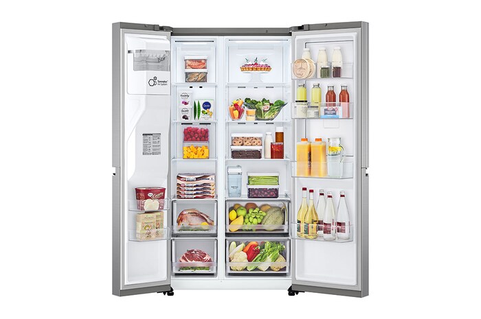 LG Side-by-Side mit Door-in-Door ® | Eis-, Crushed Ice- und Wasserspender  | 635 Liter Kapazität | Energieeffizienzklasse E | Interner Wassertank | Platinum Silver | GSJV51PZTE, GSJV51PZTE