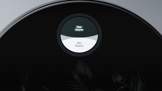 Die Nahaufnahme der Benutzeroberfläche zeigt die Hauptwäsche und die Miniwäsche der LG SIGNATURE Waschmaschine.