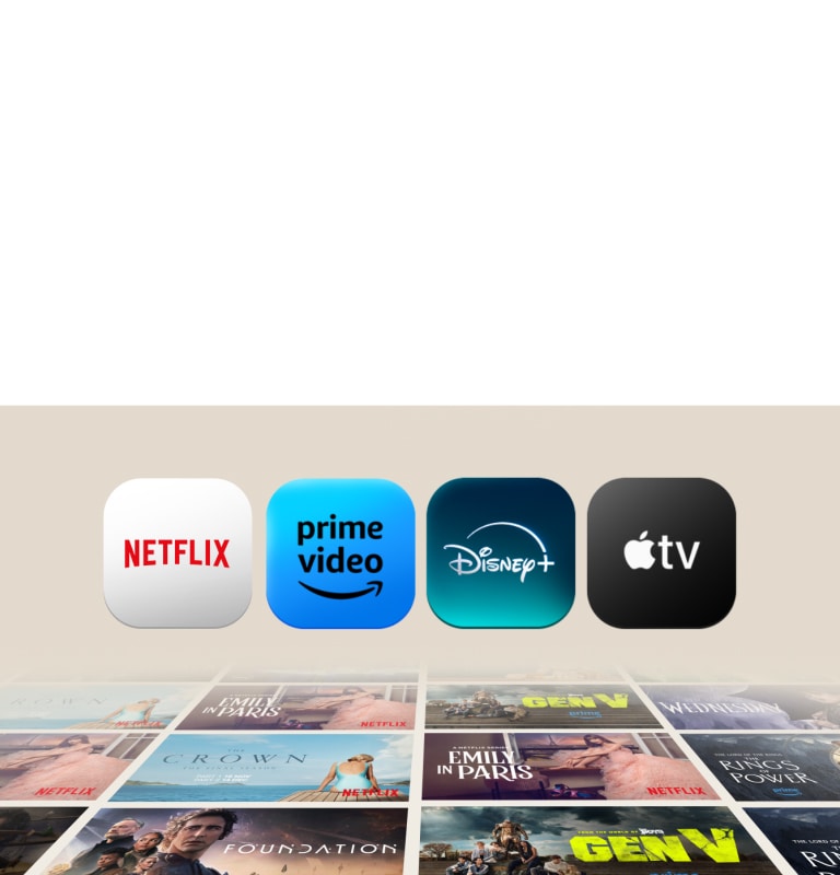 Die Netflix-, Prime Video-, Disney+- und Apple TV-App erscheinen nacheinander vor einem schwarzen Hintergrund und stehen Seite an Seite. Darunter befinden sich schräg 6 Reihen mit Postern für exklusive TV-Serien und Filme, die sich jeweils in verschiedene horizontale und vertikale Richtungen bewegen.