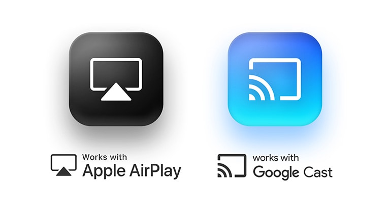 Das Apple Airplay-Logo auf der linken Seite und ein Google Cast-Logo auf der rechten Seite.