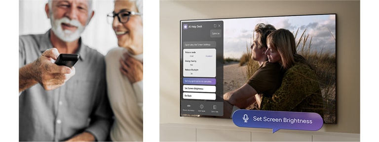 Auf der linken Seite sitzen ein Mann und eine Frau, während der Mann mit einer Fernbedienung auf etwas zeigt. Auf der rechten Seite zeigt ein LG TV eine Frau und einen Mann, die auf einer Sandfläche sitzen. Auf der linken Seite des Bildschirms ist ein AI-Chatbot-Servicefenster geöffnet, in dem unten rechts eine Sprechblase mit der Aufschrift „Bildschirmhelligkeit einstellen“ zu sehen ist.